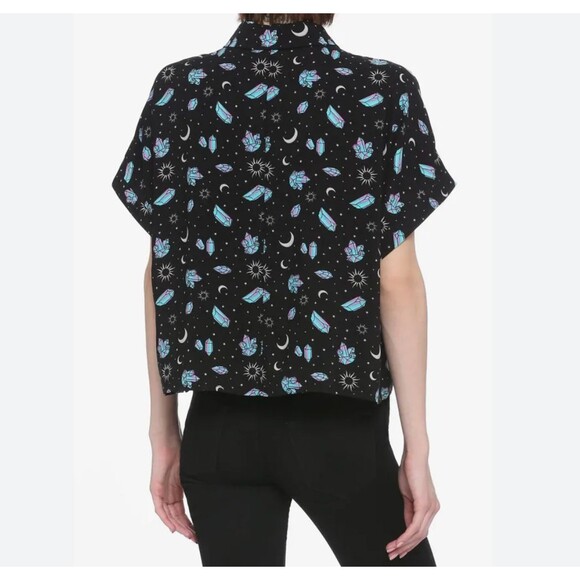 Hot Topic Shirt Womens M Black Pastel Crystals Celestial Crop Button Up Goth - Picture 2 of 13